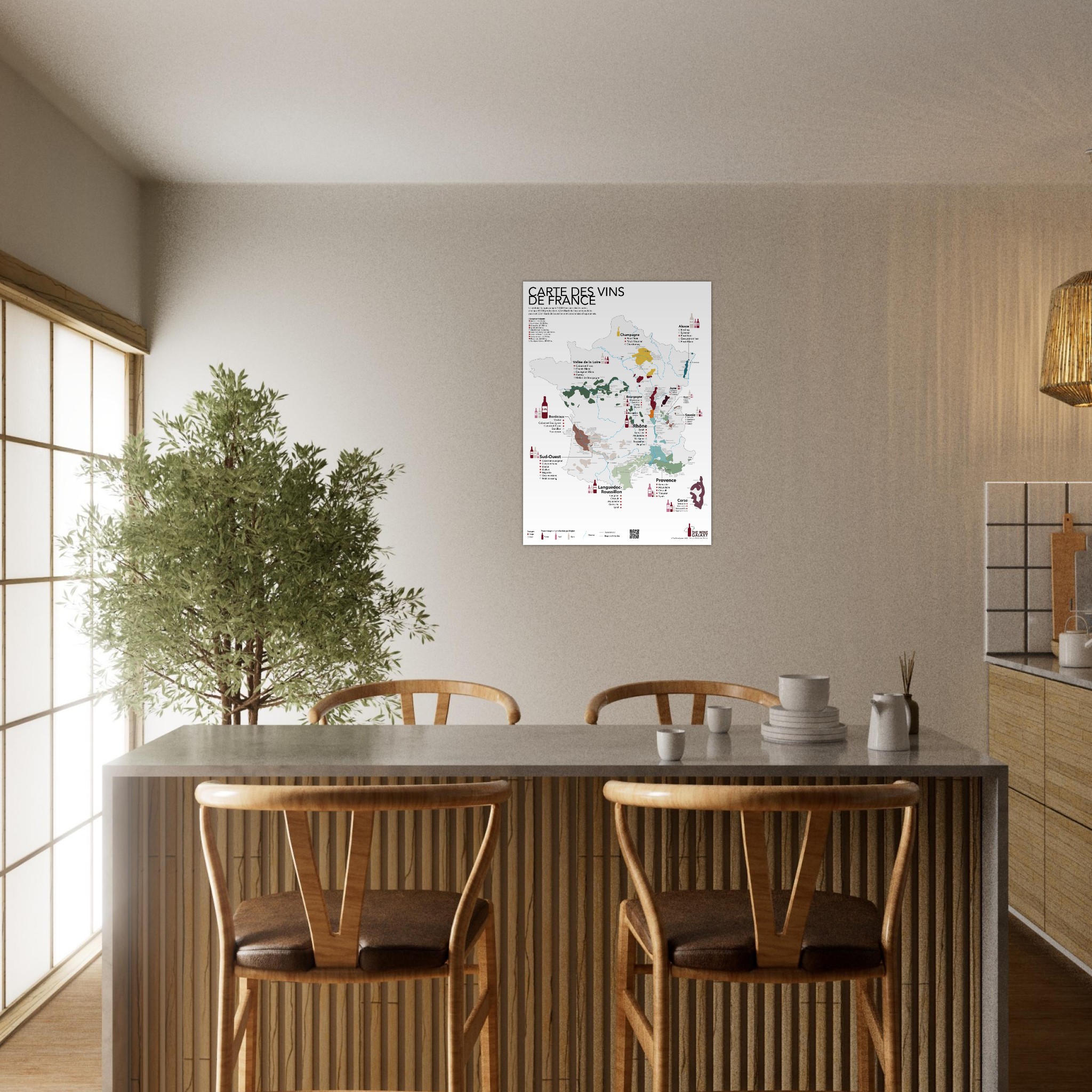 The French wine map framed above a dining table